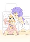  2girls blonde_hair blue_eyes blush eyes_closed multiple_girls neptune_(series) nomalandnomal open_mouth pish purple_hair pururut towel 