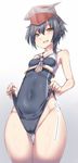  :d ass_visible_through_thighs bangs bare_arms bare_shoulders black_hair black_swimsuit blush breasts cameltoe clothes_writing commentary_request covered_navel cowboy_shot crop_top dated eyebrows_visible_through_hair framed_breasts from_below gradient gradient_background grey_background groin hat headset i-13_(kantai_collection) kantai_collection lifted_by_self looking_at_viewer looking_down open_mouth sailor_collar shiny shiny_skin short_hair signature silver_bell sleeveless small_breasts smile solo standing swimsuit swimsuit_lift thigh_gap thighs wedgie yellow_eyes 