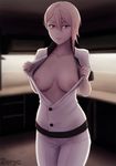 areolae artist_name backlighting blonde_hair blurry blurry_background breasts breasts_apart buttons chef_uniform closed_mouth collarbone commentary_request cowboy_shot hair_between_eyes highres large_areolae large_breasts lips looking_at_viewer nakiri_alice nipples no_bra open_clothes pants red_eyes shokugeki_no_souma short_hair short_sleeves single_sidelock smile solo standing tsurime undressing white_pants zoryc 