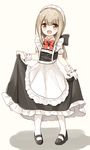  :d apron bangs black_bow black_dress black_footwear bow bowtie collared_dress dress eyebrows_visible_through_hair frilled_apron frilled_dress frills full_body hair_between_eyes hair_bow leaning_to_the_side light_brown_hair long_hair looking_at_viewer low_ponytail maid maid_headdress mary_janes open_mouth original pantyhose puffy_short_sleeves puffy_sleeves red_neckwear shoes short_sleeves sidelocks simple_background skirt_hold sleeveless sleeveless_dress smile solo standing waist_apron white_apron white_background white_legwear wrist_cuffs yuuhagi_(amaretto-no-natsu) 