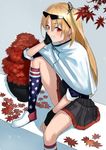  american_flag_legwear azur_lane between_legs black_gloves black_skirt blonde_hair blue_shirt blurry blurry_foreground blush branch capelet chin_rest cleveland_(azur_lane) commentary depth_of_field elbow_on_knee eyebrows_visible_through_hair eyewear_on_head fingerless_gloves gloves grey_background hair_between_eyes hand_between_legs kneehighs leaf leg_up long_hair looking_at_viewer maple_leaf multicolored multicolored_clothes multicolored_legwear one_side_up plant pleated_skirt potted_plant red_eyes shirt shoes sitting skirt smile solo star star_print wasabi60 white_capelet 