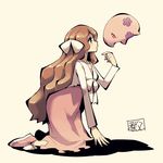  1girl all_fours beige_background blue_eyes blush bow breasts brown_hair cattleya_(pokemon) collarbone dress eye_contact floating floral_print from_side full_body hair_ornament leaning_forward long_hair long_sleeves munna pink_dress pink_eyes pink_shoes pokemon pokemon_(creature) pokemon_(game) pokemon_dppt shoes simple_background small_breasts text translation_request watson white_bow 