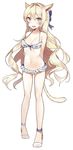  :d absurdres animal_ears arms_behind_back ass_visible_through_thighs bare_legs bikini blonde_hair blue_eyes blush bow breasts collarbone eyebrows_visible_through_hair facial_mark fang final_fantasy final_fantasy_xiv frilled_bikini frills full_body hair_bow half_updo halterneck highres long_hair looking_at_viewer medium_breasts miqo'te navel open_mouth sabet_(young_ouo) simple_background smile solo standing striped swimsuit tail vertical-striped_bikini vertical_stripes very_long_hair whisker_markings white_background 