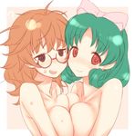  :d ? araki_hina bangs blush bow breast_press breasts cleavage collarbone eyebrows_visible_through_hair fuyube_rion glasses green_hair hair_bow idolmaster idolmaster_cinderella_girls idolmaster_million_live! jitome large_breasts looking_at_viewer messy_hair multiple_girls nose_blush nude open_mouth parted_bangs pink_bow red-framed_eyewear red_eyes round_eyewear shiny shiny_skin short_hair smile sweat symmetrical_docking tareme tokugawa_matsuri upper_body 