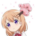  alternate_hair_ornament bangs blush bow bowtie cherry_blossoms closed_mouth collared_shirt commentary eyebrows_visible_through_hair gochuumon_wa_usagi_desu_ka? hair_ornament hairclip hoto_cocoa looking_at_viewer orange_hair pink_vest portrait purple_eyes rabbit_house_uniform red_neckwear red_star_(toranecomet) shirt short_hair smile solo vest white_background wing_collar 