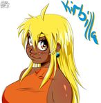  1girl 90s anime_coloring blonde_hair blush_stickers breasts character_name chibi earrings exercise eyebrows fang female jewelry kaminari_house kirbila_(yellow_kirby) large_breasts long_hair mole orange_eyes thick_eyebrows tight_clothes upper_body very_dark_skin white_background 