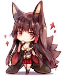  akagi_(azur_lane) animal_ears azur_lane bangs black_legwear breasts brown_hair chibi cleavage closed_mouth eyebrows_visible_through_hair fox_ears fox_shadow_puppet fox_tail full_body hakama_skirt hands_up highres japanese_clothes kneehighs kyuubi long_hair medium_breasts multiple_tails pleated_skirt red_eyes red_skirt sidelocks simple_background skirt smile solo sukemyon tail white_background 