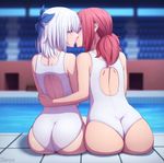  arm_around_waist ass back back_cutout closed_eyes competition_swimsuit from_behind hair_ribbon highres keijo!!!!!!!! kiss miyata_sayaka multiple_girls one-piece_swimsuit pink_hair pool poolside ribbon silver_hair sitting skindentation swimsuit toyoguchi_non water wedgie white_swimsuit yuri zoryc 