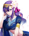  adjusting_hair blush breasts check_commentary commentary commentary_request earrings fate/grand_order fate_(series) flower hair_flower hair_ornament indian_clothes jewelry large_breasts leaning_forward long_hair looking_at_viewer matou_sakura midriff parvati_(fate/grand_order) petals pin1004 purple_eyes purple_hair solo white_background 