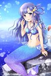  asari_nanami blue_eyes blue_hair blush breasts cleavage fish fish_hair_ornament hair_ornament highres idolmaster idolmaster_cinderella_girls jewelry lens_flare long_hair looking_at_viewer mermaid monster_girl navel ocean open_mouth small_breasts smile solo youme 
