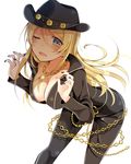 ;d ayase_eli bent_over black_bodysuit black_hat black_nails blonde_hair blue_eyes blush bodysuit breasts chain claw_pose cowboy_hat diamond_princess_no_yuuutsu gold_chain gold_necklace hair_down hat highres jewelry large_breasts leaning_forward long_hair long_sleeves love_live! love_live!_school_idol_project mogu_(au1127) nail_polish necklace one_eye_closed open_mouth simple_background smile solo white_background 