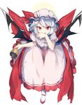  bat_wings biting biting_hand blood blue_hair commentary_request fang full_body gourd hat kasuka_(kusuki) looking_at_viewer mob_cap pink_hat pink_skirt pointy_ears puffy_short_sleeves puffy_sleeves red_eyes red_footwear remilia_scarlet ribbon-trimmed_skirt ribbon_trim short_hair short_sleeves skirt smile socks solo standing touhou white_legwear wings 
