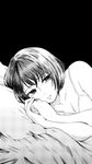 bangs bare_arms bare_shoulders bed bed_sheet black_background bra breasts cleavage commentary_request dutch_angle eyebrows_visible_through_hair greyscale highres looking_at_viewer lying medium_breasts monochrome nikaidou_kou on_bed on_side original parted_lips pillow short_hair simple_background solo underwear 