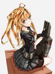  :t abukuma_(kantai_collection) belt bike_shorts black_gloves blonde_hair blue_eyes blush box closed_mouth double_bun esg_(essagna) gloves grey_background hair_rings highres kantai_collection long_hair looking_at_viewer looking_to_the_side machinery neckerchief on_box partly_fingerless_gloves pleated_skirt pout remodel_(kantai_collection) school_uniform serafuku short_sleeves shorts shorts_under_skirt simple_background sitting sitting_on_box skirt solo tareme turret twintails 