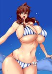  amano_megumi amano_megumi_wa_suki_darake! bikini blush braid breasts brown_hair bursting_breasts cleavage curvy gigantic_breasts green_eyes long_hair open_mouth plump striped striped_bikini swimsuit twin_braids umino_mokuzu_(a4_size) 