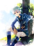  akagami_no_shirayukihime blue_eyes blue_footwear blue_shirt bridal_gauntlets hair_between_eyes looking_at_viewer male_focus pants shirt silver_hair sitting smile solo takerusilt white_pants zen_wistalia 