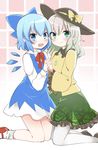  :d aqua_eyes bangs black_hat blue_bow blue_eyes blue_hair blush bow bowtie brown_footwear cirno closed_mouth dress eyebrows_visible_through_hair floral_print green_skirt hair_bow hat hat_bow holding_hands ice ice_wings interlocked_fingers kneeling komeiji_koishi long_sleeves looking_at_viewer mary_janes multiple_girls ochazuke open_mouth pantyhose red_footwear red_neckwear shoes short_hair silver_hair skirt sleeveless sleeveless_dress smile socks touhou white_legwear wings yellow_bow 
