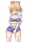  artoria_pendragon_(all) belt blonde_hair blue_eyes blush boots breasts choker cleavage fate_(series) hair_ribbon heavy_breathing highres jacket kukkumann large_breasts midriff navel open_clothes open_jacket open_mouth ribbon saber simple_background skirt skirt_pull solo standing thigh_boots thighhighs trembling white_background 