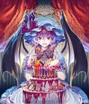  bat_wings cake candle curtains fang fingernails flower food fork fruit hair_between_eyes hat hat_ribbon holding indoors looking_at_viewer md5_mismatch mob_cap nail_polish open_mouth pocket_watch puffy_short_sleeves puffy_sleeves purple_hair red_eyes red_nails red_ribbon remilia_scarlet ribbon rose sharp_fingernails short_sleeves smile solo strawberry touhou watch white_hat wings wrist_cuffs zounose 