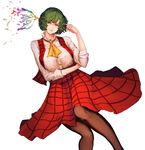  absurdres ascot breasts closed_mouth collared_shirt commentary_request feet_out_of_frame finger_gun_to_head finger_to_head green_hair hand_up head_tilt highres kazami_yuuka kikimifukuri knees_up large_breasts lips long_skirt long_sleeves looking_at_viewer lying on_back pantyhose plaid plaid_skirt plaid_vest red_eyes shirt short_hair simple_background skirt skirt_set smirk solo touhou vest wavy_hair white_background white_shirt 