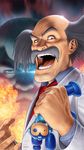  albert_w_wily capcom character_doll facial_hair fire grey_eyes grey_hair highres laughing looking_at_viewer male_focus mori_toshiaki multiple_boys mustache official_art open_mouth red_neckwear rockman rockman_(character) rockman_(classic) thomas_light 