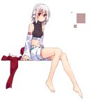  adyisu albino altair_floone bangs bare_legs barefoot breasts crop_top detached_sleeves eyebrows_visible_through_hair full_body hair_between_eyes hair_flaps looking_at_viewer midriff navel original red_eyes short_hair shorts simple_background sitting small_breasts solo turtleneck twitter_username white_background white_hair white_shorts 