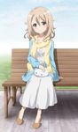  angora_rabbit animal aoyama_blue_mountain bangs bench blonde_hair blue_eyes blue_jacket blue_sky blush breasts brown_footwear bunny buttons closed_mouth collarbone commentary_request day dress eyebrows_visible_through_hair full_body gochuumon_wa_usagi_desu_ka? hair_between_eyes highres jacket long_hair long_sleeves looking_at_viewer medium_breasts outdoors petting red_star_(toranecomet) scarf sitting sky smile tippy_(gochiusa) white_dress yellow_scarf 