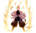  abs aura bare_shoulders belt black_shirt blonde_hair boots capsule_corp commentary_request dragon_ball dragon_ball_super gloves green_eyes highres impossible_clothes logo male_focus monkey_tail muscle official_style open_mouth puffy_pants shirt sleeveless sleeveless_shirt solo spiked_hair super_saiyan tail tasaka_shinnosuke vegeta white_background white_gloves 