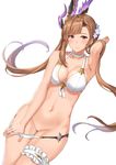  arm_up bikini bracelet breast_squeeze breasts brown_eyes choker cleavage dutch_angle embarrassed flower garters granblue_fantasy groin hair_flower hair_ornament jewelry legs_together long_hair medium_breasts navel panties panty_pull pussy solo song_(granblue_fantasy) swimsuit terry_(pixiv3274443) twintails underwear undressing white_background 