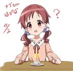 :d ? bangs blush candle collarbone collared_dress commentary_request dated dress eyebrows_visible_through_hair flat_chest food fork gochuumon_wa_usagi_desu_ka? hair_ornament hair_scrunchie head_tilt holding holding_fork holding_spoon long_hair long_sleeves looking_at_viewer mochi natsu_megumi open_mouth parted_bangs pink_dress plate red_eyes red_hair red_star_(toranecomet) ribbon-trimmed_collar ribbon_trim scrunchie smile solo spoon table twintails upper_body wagashi wavy_hair white_background white_scrunchie 