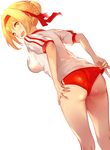  :d adjusting_buruma adjusting_clothes ahoge ass blonde_hair braid breasts buruma dutch_angle fate/grand_order fate_(series) from_behind green_eyes gym_uniform hair_bun hand_on_own_ass headband highres large_breasts looking_back nero_claudius_(fate) nero_claudius_(fate)_(all) olympian_bloomers open_mouth ramuda_(guilty931) red_ribbon ribbon short_hair simple_background smile solo white_background 