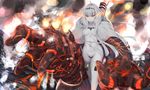  armor boots breasts c-string cloak commentary_request fire firing glowing glowing_eyes hair_ornament highres kantai_collection long_hair looking_at_viewer mechanical mechanical_arms mechanical_hand mechanical_hands medium_breasts midriff navel no_bra northern_water_hime pale_skin panties red_eyes shinkaisei-kan shiro_usagi silver_hair smoke solo thigh_boots thighhighs turret underwear very_long_hair weapon white_cloak white_legwear 