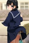  ass bicycle black_eyes black_hair blue_shirt blue_skirt blurry blush cowboy_shot depth_of_field eyebrows_visible_through_hair ground_vehicle half_updo highres light_smile long_hair looking_at_viewer looking_back matsunaga_kouyou original panties pantyshot pantyshot_(standing) school_uniform serafuku shirt skirt skirt_lift solo standing underwear walking_bike white_panties 