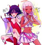  1boy 1girl blush choker couple danganronpa dark-skinned_female dark_skin eyes_closed halo happy horns huyandere long_hair matching_hair/eyes new_danganronpa_v3 open_mouth ouma_kokichi purple_eyes purple_hair short_hair skirt smile white_hair wings yonaga_angie 