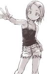  @_@ absurdres bare_arms bare_shoulders camisole contrapposto feet_out_of_frame greyscale hair_ornament hairclip hand_on_hip highres looking_at_viewer monochrome outstretched_arm short_hair short_shorts shorts simple_background solo standing white_background yamamoto_souichirou 