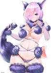  absurdres animal_ears arms_at_sides bangs bow breasts cleavage closed_mouth cowboy_shot cross-laced_clothes dangerous_beast elbow_gloves eyebrows_visible_through_hair eyes_visible_through_hair fate/grand_order fate/stay_night fate_(series) fox_ears fox_tail fur-trimmed_gloves fur-trimmed_legwear fur_collar fur_trim gloves hair_over_one_eye hand_on_own_chest highres holding lace lace-trimmed_thighhighs large_breasts looking_at_viewer lowleg lowleg_panties mash_kyrielight narrow_waist navel o-ring o-ring_top oputon panties purple_bow purple_eyes purple_gloves purple_hair purple_legwear purple_panties shiny shiny_skin short_hair sidelocks solo standing tail thighhighs twitter_username underwear white_background 