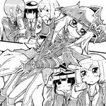  bare_shoulders bitadoro boots braid breasts glasses greyscale hat highres long_hair magician's_valkyria monochrome multiple_girls necktie short_hair small_breasts witch_hat yuu-gi-ou 