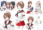  4girls :d ^_^ bandage_on_face bandaid bandaid_on_arm bespectacled bookmark breasts brown_eyes brown_hair closed_eyes detached_sleeves flying_sweatdrops girl_sandwich glasses hairband hand_on_another's_head hand_on_another's_shoulder handkerchief hands_together headband isuzu_(kantai_collection) kantai_collection knitting looking_at_viewer medium_breasts morinaga_miki multiple_girls multiple_views nagara_(kantai_collection) natori_(kantai_collection) one_side_up open_mouth own_hands_together pencil_case petting sandwiched school_uniform serafuku short_hair skirt smile tears translated wavy_mouth white_hairband yura_(kantai_collection) 