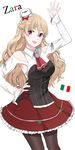  :d bare_shoulders blonde_hair braid breasts character_name detached_sleeves half_updo hand_on_hip hat highres italian_flag italy kantai_collection large_breasts long_hair looking_at_viewer mini_hat miniskirt morinaga_miki open_mouth pantyhose purple_eyes simple_background skirt smile solo wavy_hair white_background zara_(kantai_collection) 