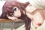  artist_name breasts brown_hair desk hanging_breasts honda_natsuko large_breasts long_hair looking_at_viewer nipples nolia ousama_game_(novel) red_hair school_desk smile solo 