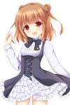  :d bangs beatrice_(princess_principal) black_dress black_neckwear blunt_bangs blush bow bowtie breasts brown_eyes brown_hair commentary_request cowboy_shot double_bun dress eyebrows_visible_through_hair frilled_skirt frills hand_up head_tilt kedama_(kedama_akaza) layered_skirt long_sleeves looking_at_viewer open_mouth princess_principal school_uniform shirt simple_background skirt small_breasts smile solo standing white_background white_shirt white_skirt 