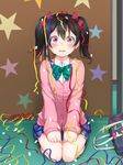  bag black_hair blush bow commentary_request highres hitotsuki_no_yagi looking_at_viewer love_live! love_live!_school_idol_project otonokizaka_school_uniform pink_cardigan red_eyes school_bag school_uniform seiza sitting skirt solo star streamers twintails yazawa_nico 