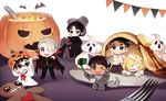  animal_costume bandages bat black_hair blonde_hair blue-framed_eyewear blue_eyes bolt brown_eyes cape cellphone fang food fork gingerbread_man glasses green_eyes grey_eyes hair_over_one_eye halloween hat jack-o'-lantern katsuki_yuuri korean_clothes korean_traditional_hat lee_seung-gil makkachin male_focus miniboy multiple_boys one_eye_closed one_knee open_mouth otabek_altin pancake phichit_chulanont phone pinkiepies2 self_shot selfie_stick silver_hair smartphone smile sparkle v viktor_nikiforov whipped_cream wolf_costume yuri!!!_on_ice yuri_plisetsky 