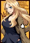  black_shirt blonde_hair blue_eyes bomber_jacket breasts brown_jacket character_name cleavage commentary_request emblem english girls_und_panzer hair_intakes highres jacket kay_(girls_und_panzer) large_breasts long_hair long_sleeves looking_at_viewer mice_(sake_nomitai) military military_uniform open_clothes open_jacket parted_lips saunders_military_uniform shirt smile solo standing star uniform upper_body 
