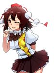  bad_id bad_pixiv_id blush breasts brown_hair hat hyudora medium_breasts one_eye_closed pom_pom_(clothes) puffy_short_sleeves puffy_sleeves red_eyes shameimaru_aya short_sleeves skirt smile solo tokin_hat touhou white_background 