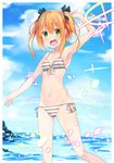  absurdres arm_up bangs beach bikini black_ribbon breasts brown_bikini cloud cloudy_sky day eyebrows_visible_through_hair front-tie_bikini front-tie_top green_eyes hair_ribbon highres kaitou_tenshi_twin_angel looking_at_viewer maechuu minazuki_haruka_(twin_angel) navel ocean open_mouth orange_hair outdoors ribbon short_hair side-tie_bikini sky small_breasts solo sparkle standing striped striped_bikini swimsuit twin_angel twintails 