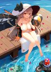  :d absurdres afloat arm_at_side ball bangs bare_arms bare_shoulders barefoot beachball bikini black_bow black_jacket blush body_writing bow box breast_tattoo breasts brown_hair character_name collarbone cup day downscaled_revision drink drinking_glass drinking_straw fingernails full_body girls_frontline hat hat_bow highres hpb8642 index_finger_raised ithaca_m37_(girls_frontline) jacket knees_together_feet_apart large_breasts leaning_forward long_hair long_sleeves looking_at_viewer md5_mismatch nail_polish open_clothes open_jacket open_mouth orange_eyes petals pier pink_nails sitting sleeves_past_wrists smile soaking_feet solo sun_hat swimsuit tattoo thigh_gap towel water white_bikini white_hat 