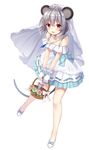  :d alternate_costume animal_ears bangs bare_legs basket blue_bow blush bow brown_eyes dress eyebrows_visible_through_hair flower full_body gloves grey_hair hair_between_eyes holding holding_basket jewelry long_hair looking_at_viewer mouse mouse_ears nagisa3710 nazrin necklace open_mouth rose shoe_bow shoes short_hair simple_background smile standing tiara touhou veil white_background white_footwear white_gloves 