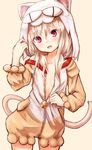  :d animal_hood baram bell blonde_hair breasts cat_hood cat_tail commentary_request eyebrows_visible_through_hair fake_tail fate/kaleid_liner_prisma_illya fate_(series) hair_between_eyes hood hooded_pajamas illyasviel_von_einzbern jingle_bell long_hair looking_at_viewer nekoarc open_mouth open_pajamas pajamas red_eyes small_breasts smile solo tail 