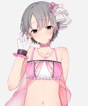  black_eyes blush choker gloves grey_hair hair_ornament headset idolmaster idolmaster_cinderella_girls jewelry looking_at_viewer navel necklace oniku_(oishii_oniku) otokura_yuuki short_hair simple_background smile solo sparkle upper_body white_gloves 